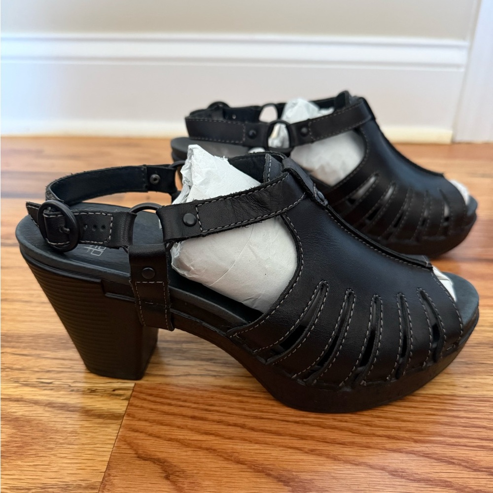 Dansko Randa Black Leather Sandals Peep Toe Chunky Heels Size EUR 39 US 8.5/9 - Picture 3 of 13